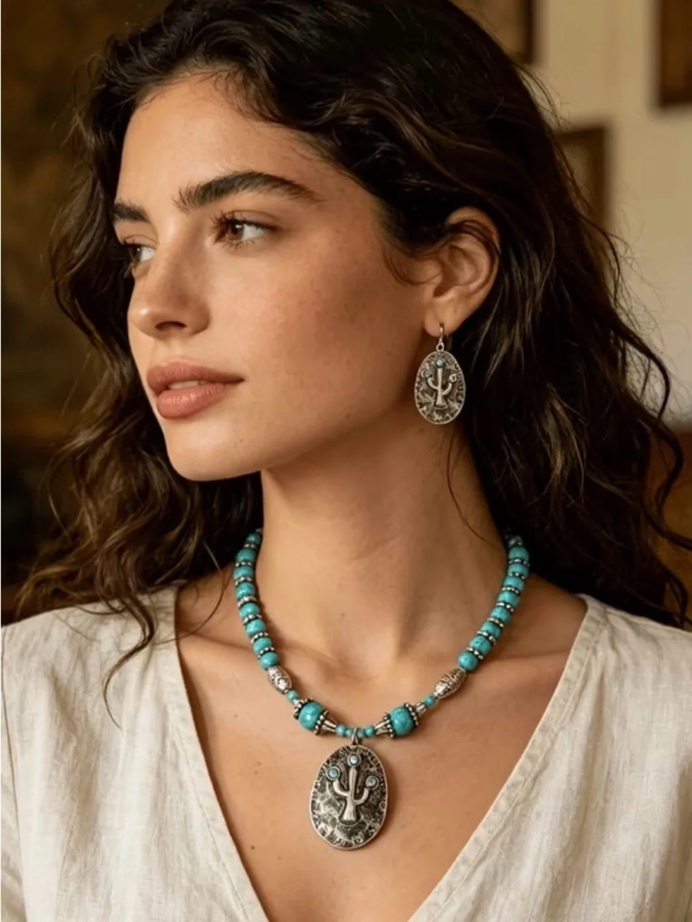 Western Set Turquoise Beaded Silver Pendant Necklace and Earrings Set